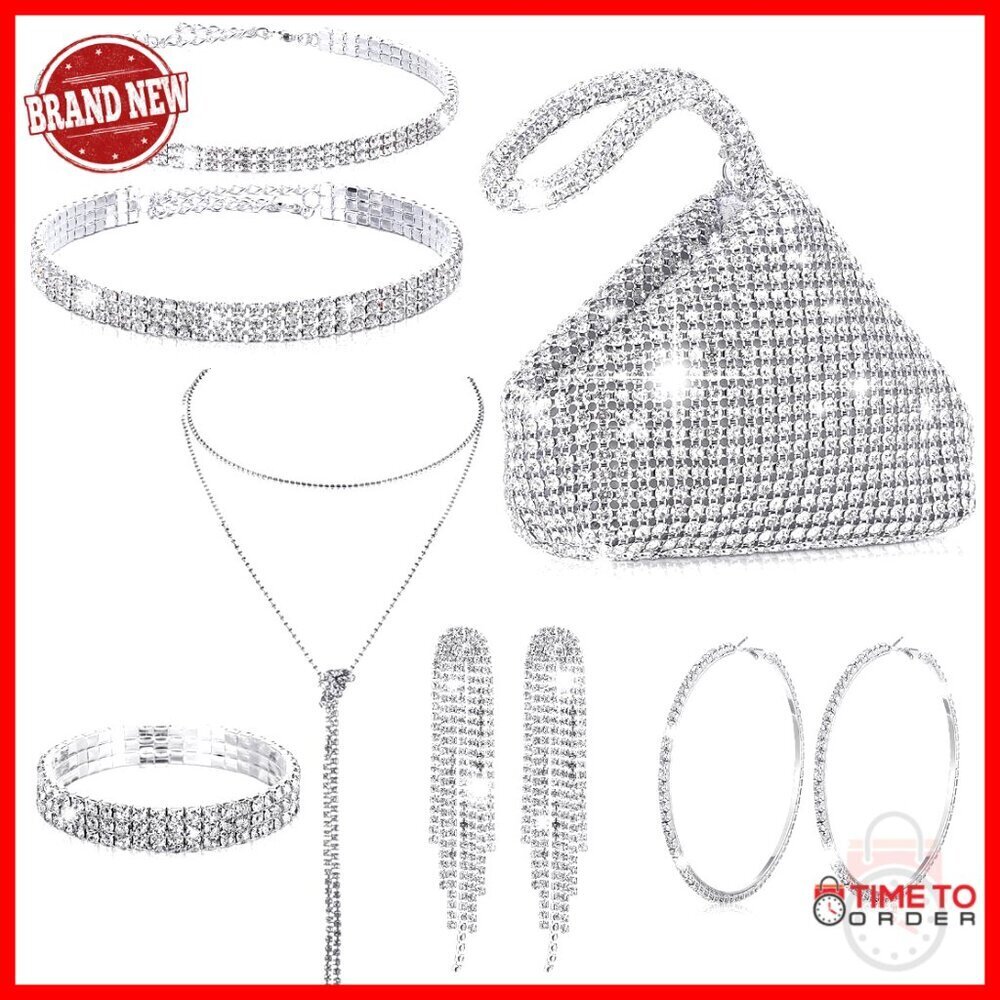 7pc Rhinestone Jewelry Set with Evening Clutch Bag for Wedding Party